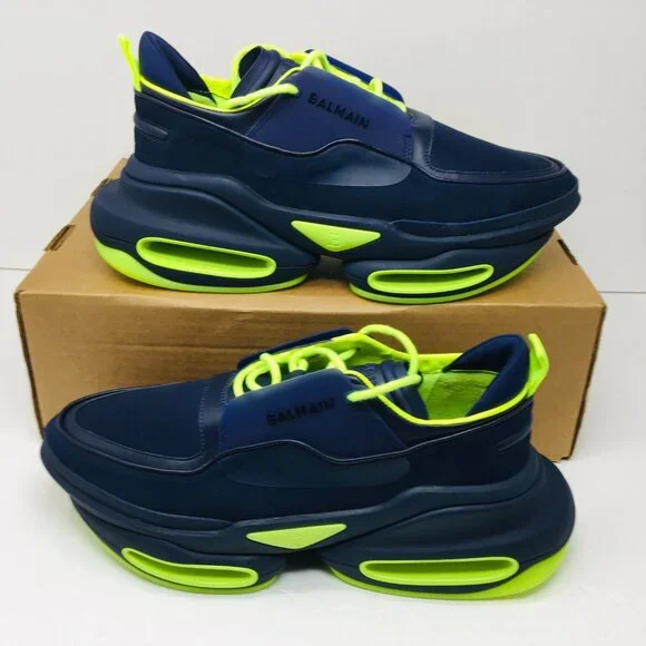 Balmain B Bold Low Top Suede/Leather Sneaker Bleu Marine/Fluorescent Yellow 12 M